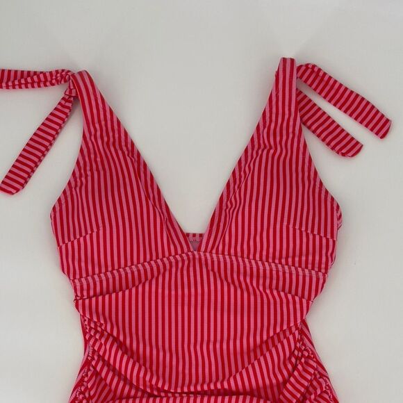 Ellen Tracy Pink Red Striped Swimsuit Size 10 One Piece Ruched Lined Padded - Picture 2 of 9